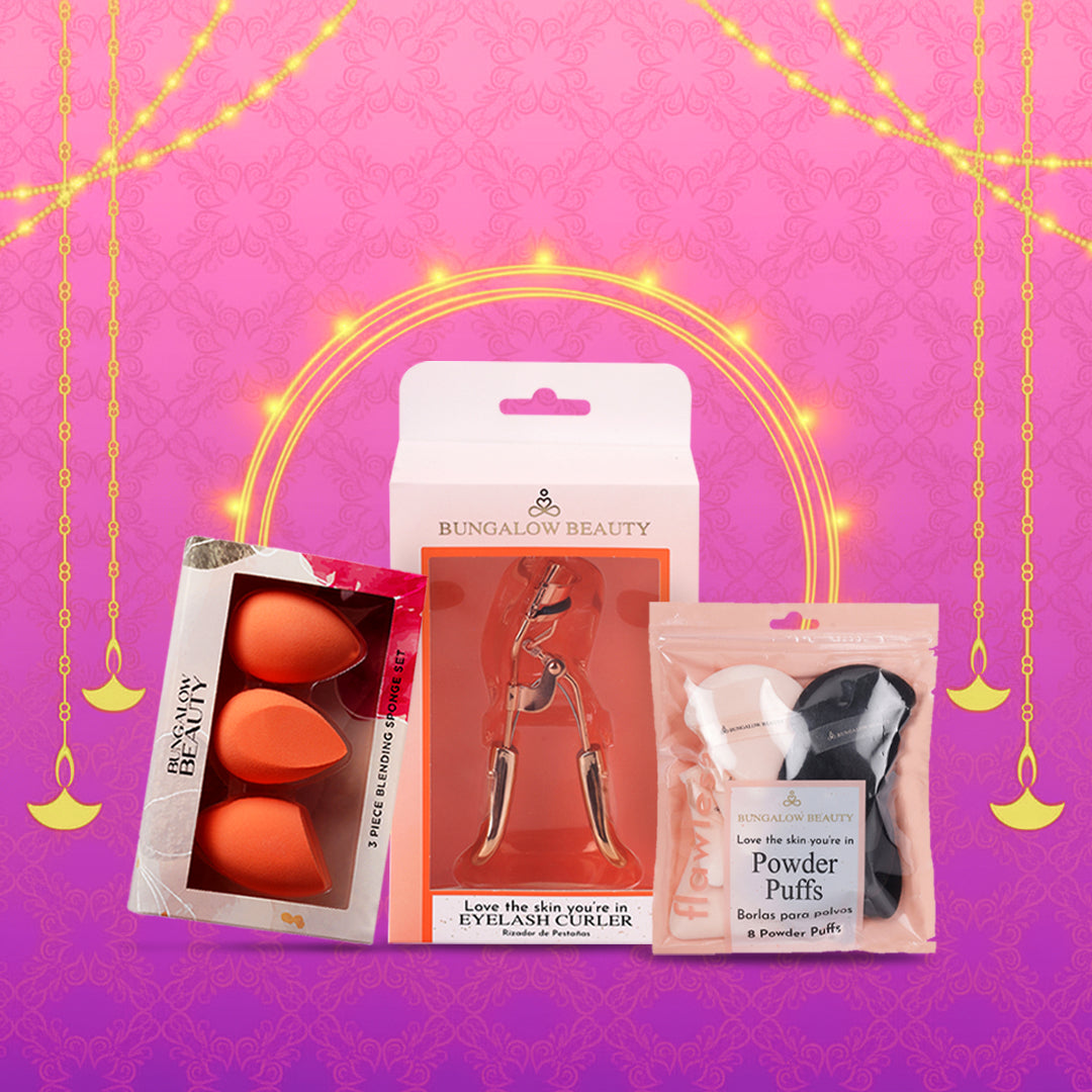 Makeup Essentials Set – Blender Pack of 3, Powder Puff 8 Pack & Gold Eyelash Curler