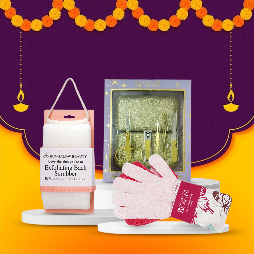 Self-Care & Spa Set – Pink Gloves, Back Scrubber & Gold Manicure Set