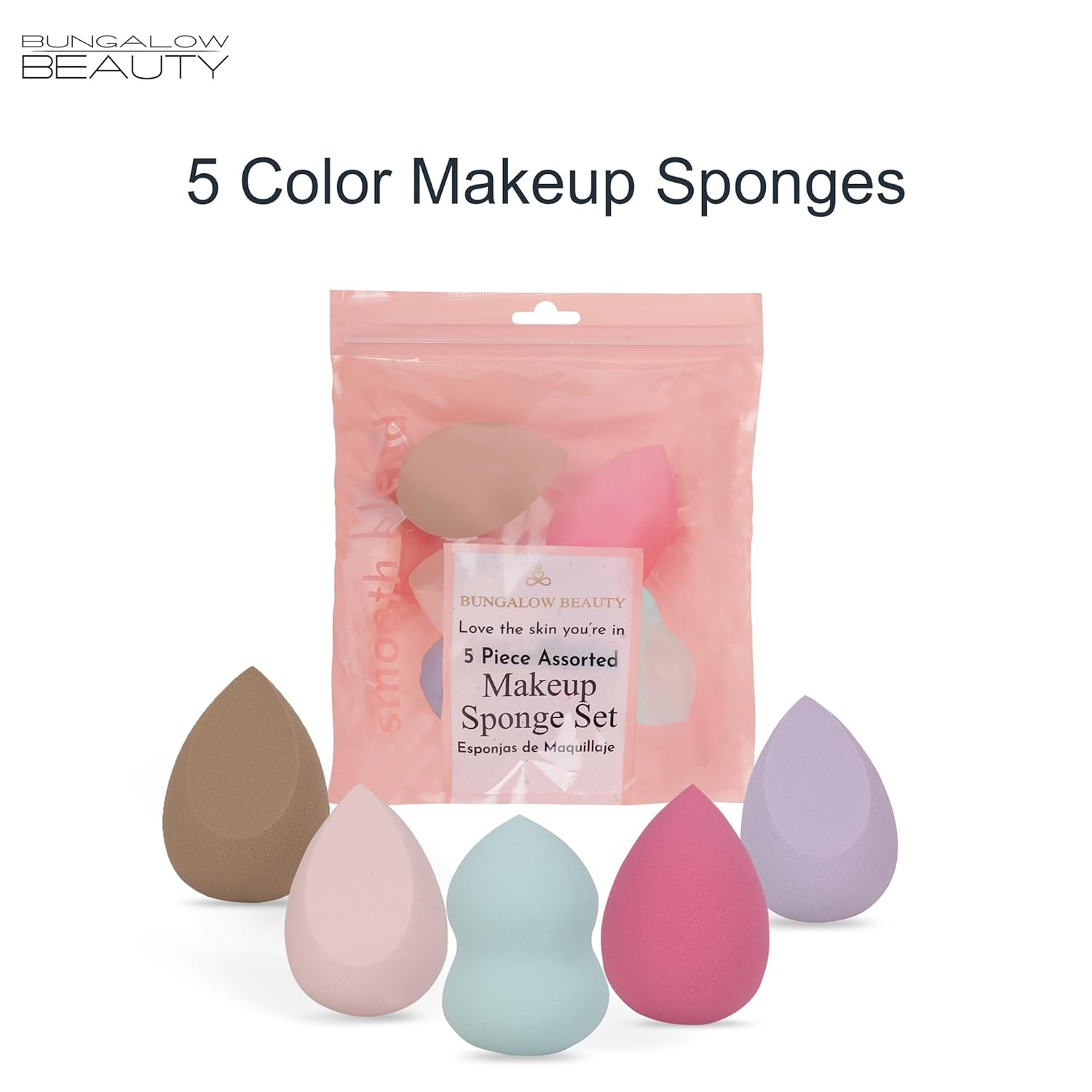 BUNGALOW BEAUTY Makeup Blending Sponge Set, 5 Pieces - Reusable | Beauty Makeup Sponge | Foundation Blender Sponge | Easy to clean I Latex-free Sponge I Suitable for Sensitive Skin