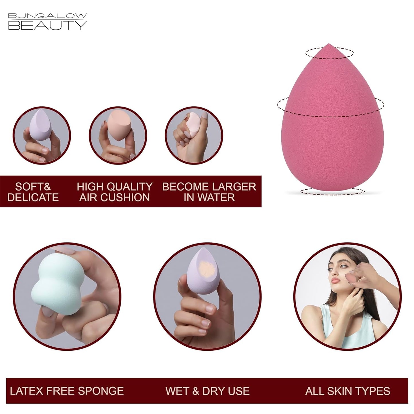 BUNGALOW BEAUTY Makeup Blending Sponge Set, 5 Pieces - Reusable | Beauty Makeup Sponge | Foundation Blender Sponge | Easy to clean I Latex-free Sponge I Suitable for Sensitive Skin