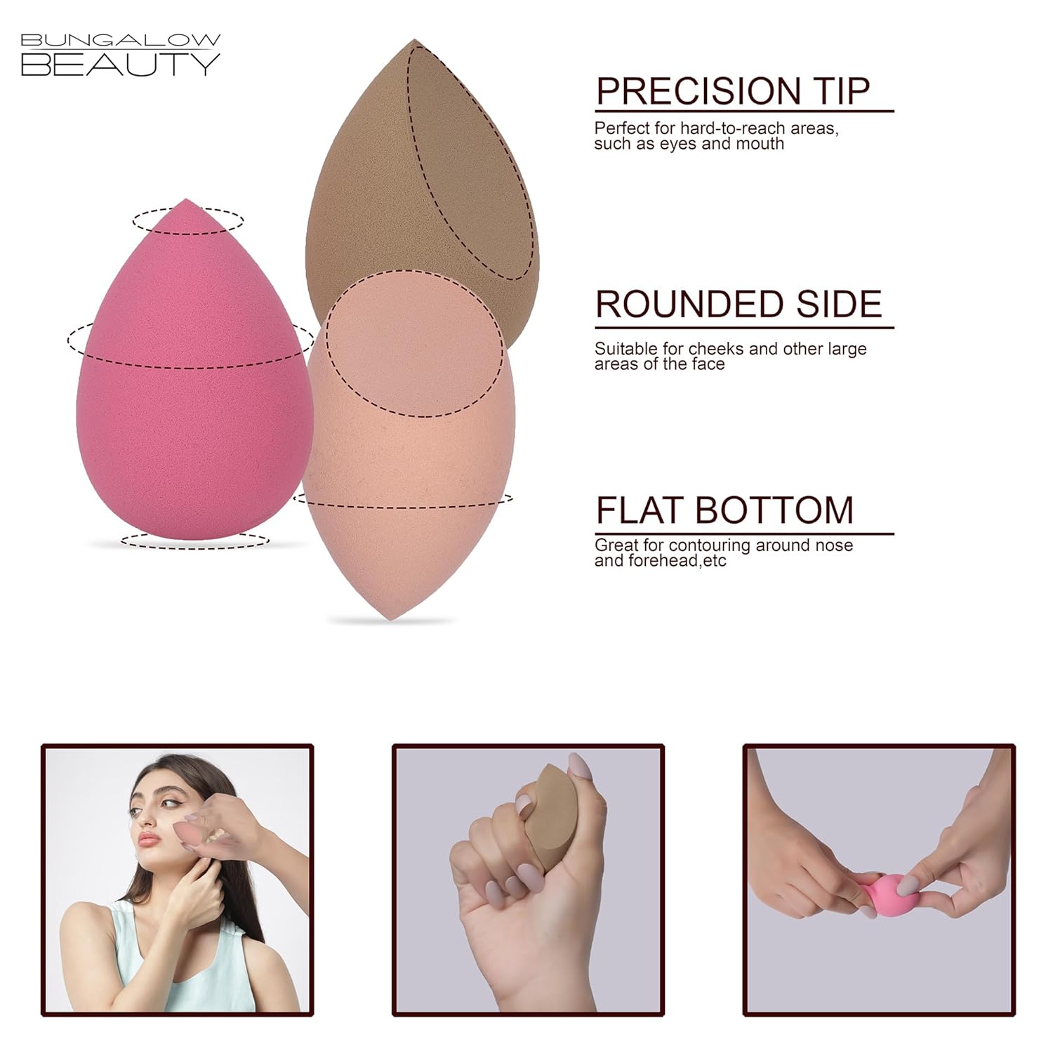 BUNGALOW BEAUTY Makeup Blending Set, 3 Pieces - Reusable | Beauty Makeup Sponge | Foundation Blender Sponge | Easy to clean I Latex-free I Suitable for Sensitive Skin