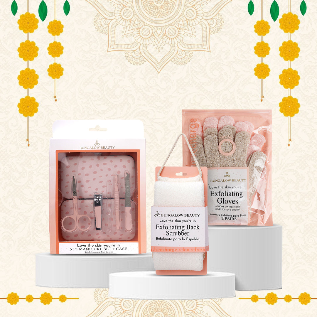 Self-Care Essentials Set – 5 Pc Manicure Set, Back Scrubber & Pink Gloves (2 Pack)