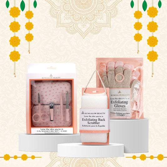 Self-Care Essentials Set – 5 Pc Manicure Set, Back Scrubber & Pink Gloves (2 Pack)