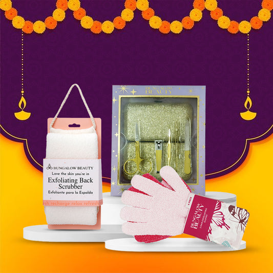 Self-Care & Spa Set – Pink Gloves, Back Scrubber & Gold Manicure Set