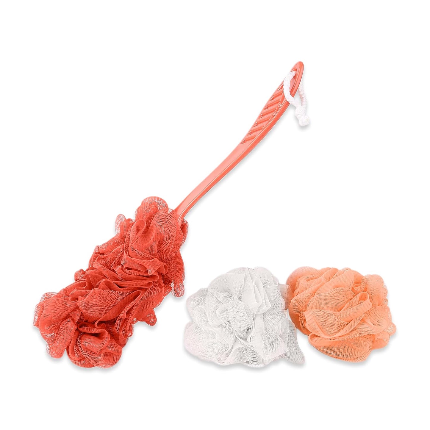 BUNGALOW BEAUTY Bath Loofah Set with Handle Brush, 3 Pieces (Orange)
